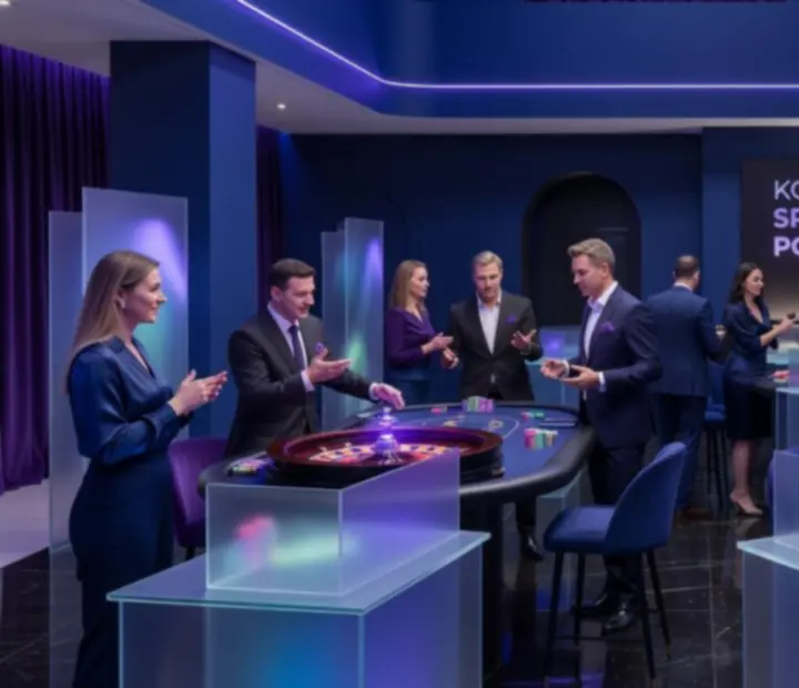 Ciemna, elegancka sala eventowa z firmowym wieczorem w stylu kasynowym w Polsce