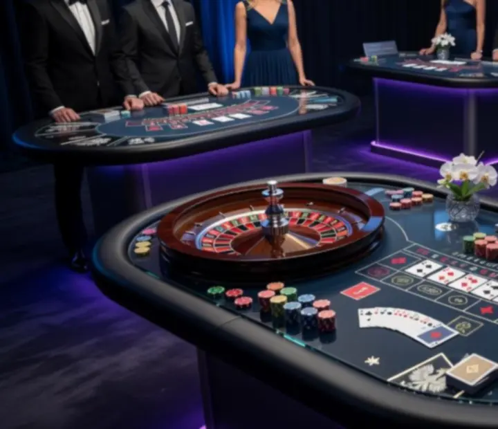 Tematyczne stoły eventowe w stylu pokerowym, ruletki i blackjacka podczas firmowego wieczoru integracyjnego