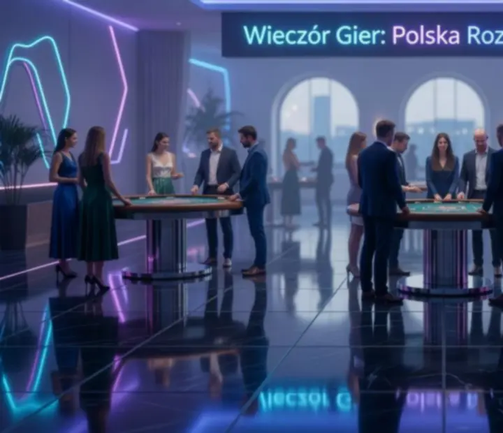 Ciemna, elegancka scenografia wieczoru tematycznego z podświetlonymi stołami
