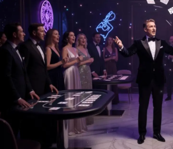 Magiczny wieczór eventowy z iluzjonistą w fioletowo-niebieskiej scenografii